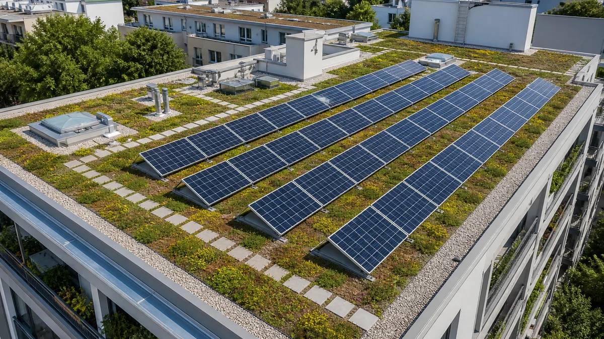 Begrüntes Flachdach mit erhöht montierten Photovoltaikmodulen und freien Wartungswegen