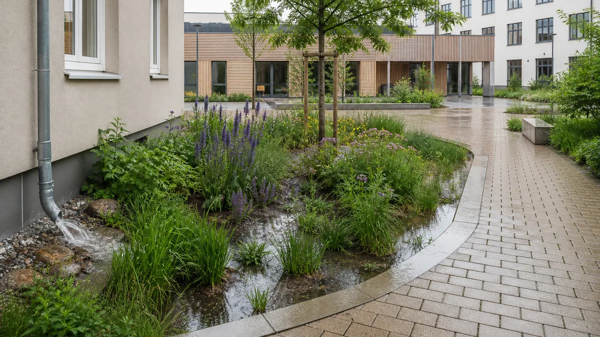Urbaner Regengarten mit sichtbarer Regenwasserzufuhr und wasserdurchlässigem Pflaster